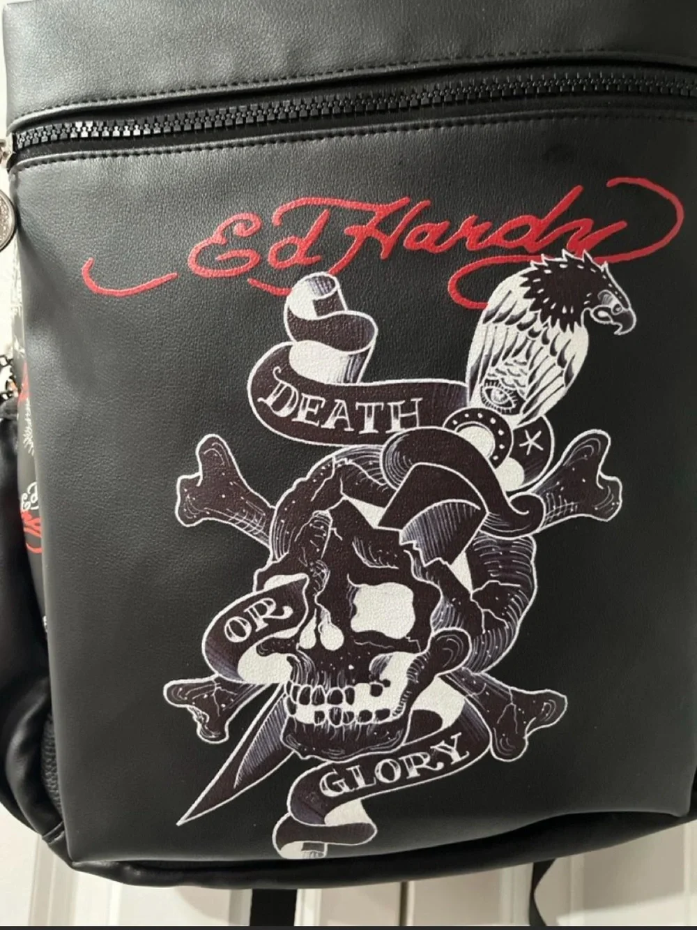Ed Hardy Black Backpack with Red & White Graphic Skull
